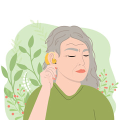 Joyful elderly woman uses a hearing aid. Woman listening sound with hand near ear for hearing check-up. Vector illustration