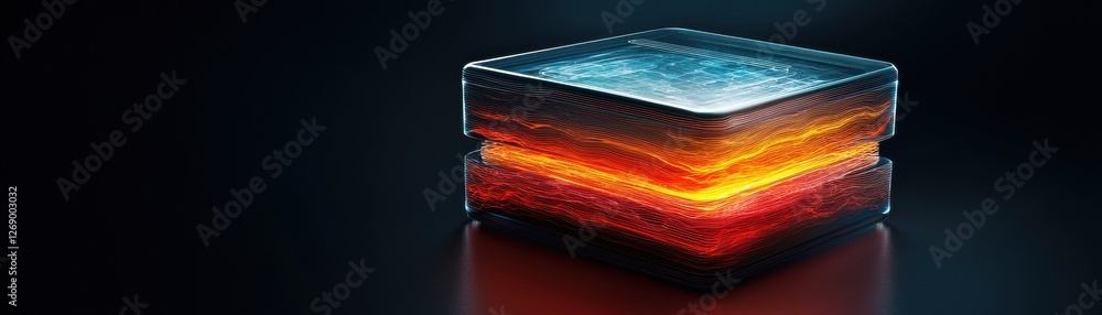 Poster abstract layered structure with illuminated edges glowing in orange and blue colors on a dark backgr