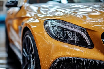 Luxury sports car getting a detailed wash at an auto detailing shop during daytime, showcasing shiny surface and water droplets