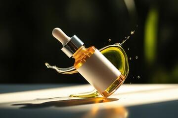 Clear serum dropper bottle with blank white label, containing golden essential oil. Splash on a simple black and white background. ideal for commercial mockup.