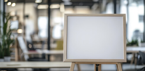 Bright, blank whiteboard stands on an easel in an open office space, inviting ideas and collaboration among team members and staff
