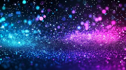 Obraz premium Neon glitter background. Grain texture. Defocused sparkles. Bokeh glow. Fluorescent blue magenta pink color gradient light shimmering sequin pattern.