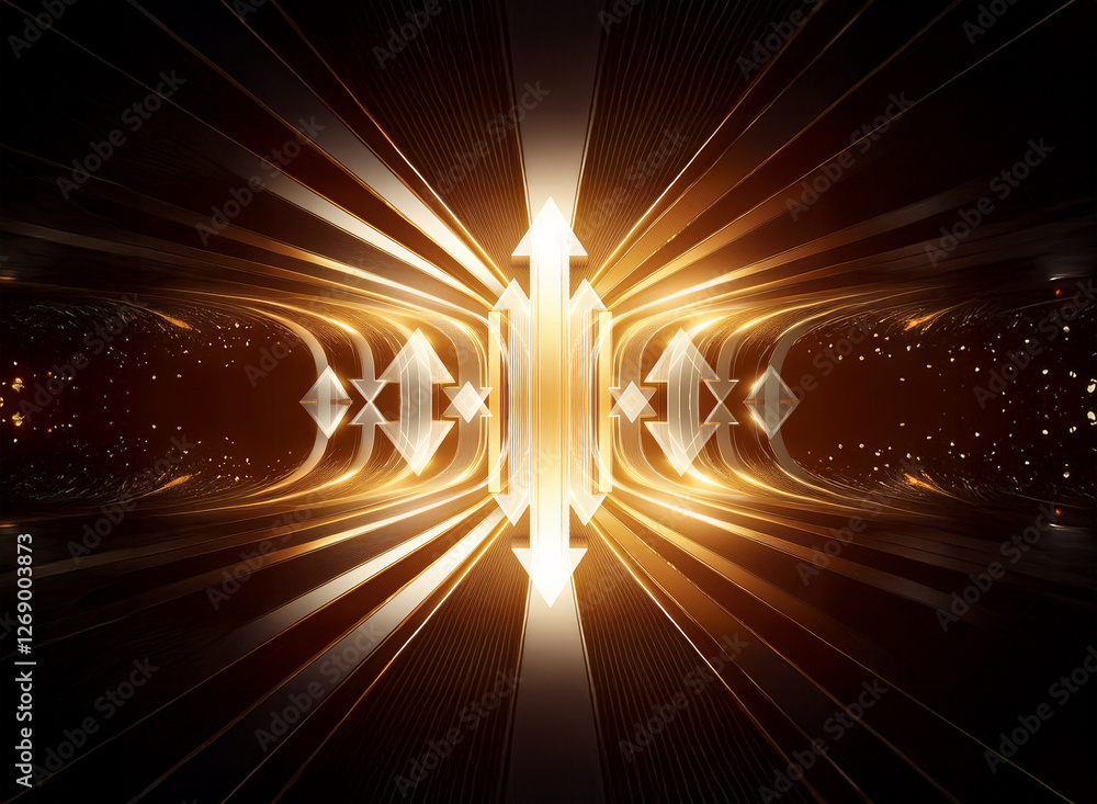 Aufkleber Abstract golden light bursts from a central point, radiating outward in a symmetrical design. Arrows point up and down, creating a sense of motion and energy in a futuristic style.