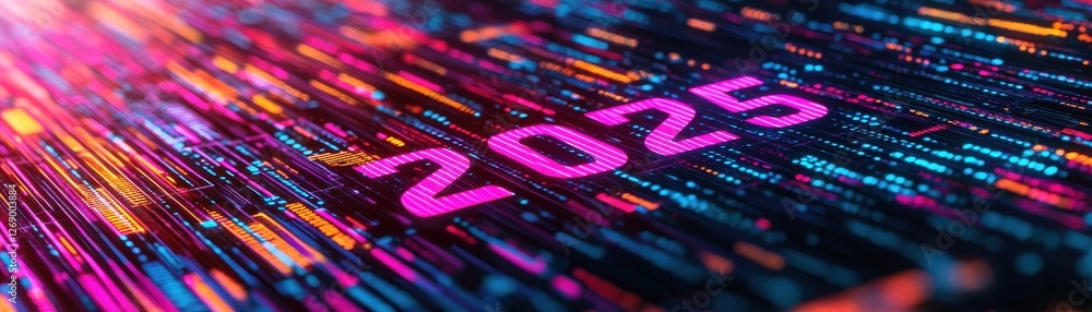 Poster vibrant digital abstract background with neon colors representing the year 2025 in a futuristic sett
