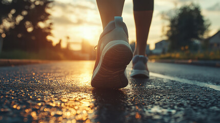 close-up of a person walking or jogging on a wet road at sunrise or sunset. The focus is on the sole of the running shoe, with golden light reflecting on the pavement, creating a dynamic and motivatio