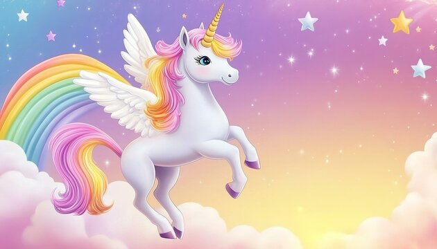 Rainbow background with winged unicorn silhouette with stars. Pastel color sky. Magical landscape abstract fabulous pattern.