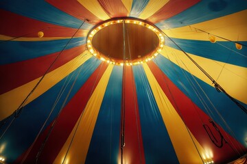 Colorful trapeze swings empty beneath bright circus tent canopy during festive atmosphere. Generative AI
