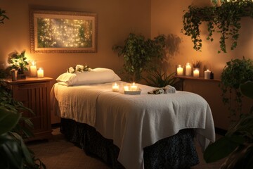 Relaxing massage bed with calming candlelight in a serene spa setting. Generative AI