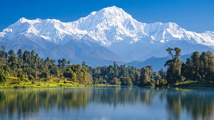 Naklejka premium Serene mountain landscape with snow-capped peaks and a calm lake reflecting the surroundings, symbolizing peace and nature’s beauty in an untouched wilderness.