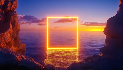 Seascape with cliffs water and a yellow neon square geometric shape. Modern minimal abstract background. Spiritual zen wallpaper with sunset.