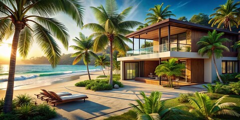 Fototapeta premium Lush Tropical Beachfront Villa in Costa Rica: Stunning Ocean View