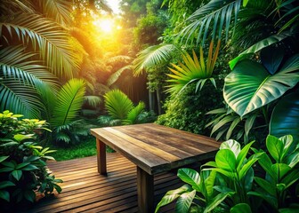Fototapeta premium Lush Tropical Foliage Surrounding Wooden Table - Aerial View Stock Photo