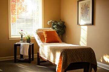 Comfortable therapy couch in a warmly lit room with plants and natural light during the day. Generative AI