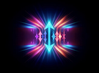 Vibrant neon arrows radiate on a dark background, creating streaks of light. Symmetrical design with dynamic lines evokes energy and motion.