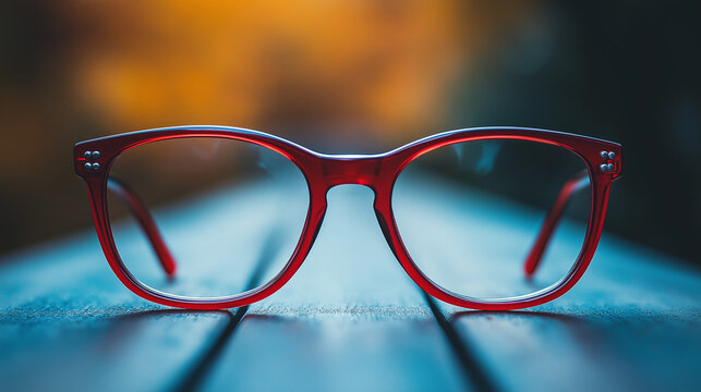 Fashion eyeglasses with a red plastic frame are placed on a wooden surface, isolated against an amazing background 