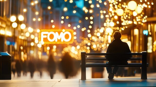 Urban nightscape with fomo neon lights and pensive lone figure on bench