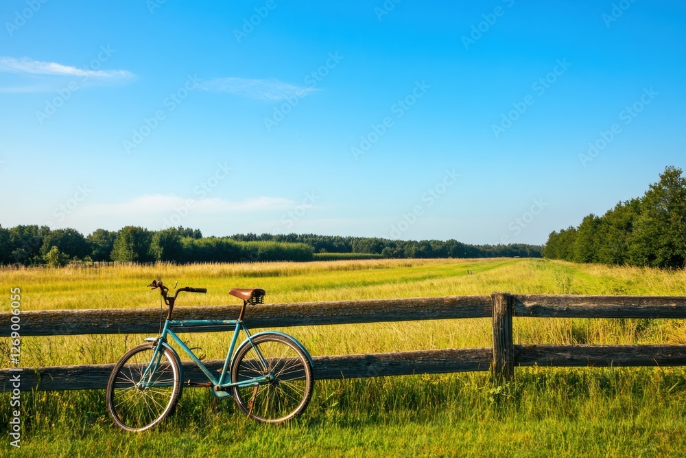 Aufkleber bicycle rests against wooden fence by open field under bright blue sky during afternoon light. gener