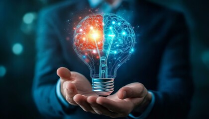 Businessman holding half of virtual lightbulb and brain on blue bokeh background Smart thinking idea and inspiration innovation concept.