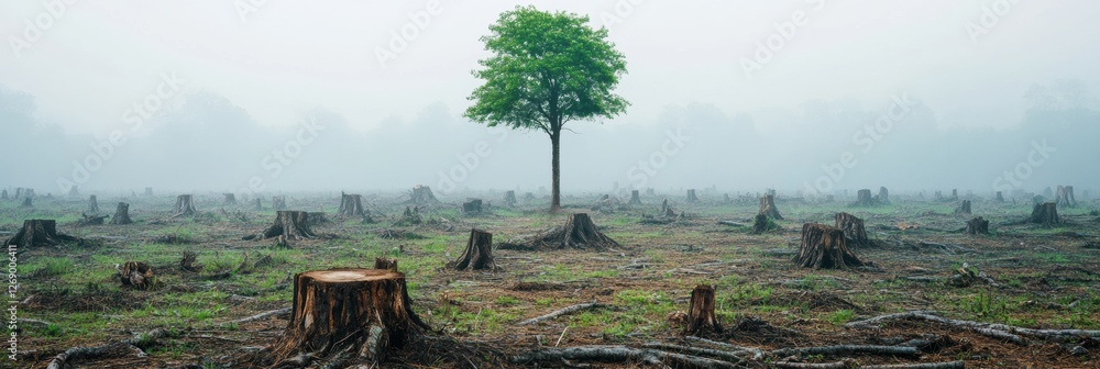 Aufkleber Lonely tree stands in a deforested area surrounded by tree stumps and fog on a quiet morning. Generative AI