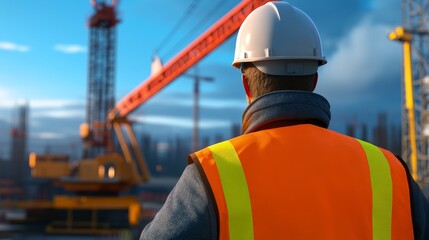 Construction worker observing crane operation at a busy site during sunset