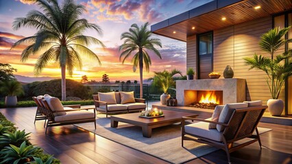 Fototapeta premium Luxurious Evening Patio: Large Fireplace, Palm Trees & Comfortable Armchairs
