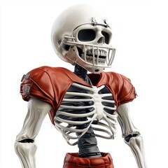 Skeleton football player with shoulder pads isolated on white