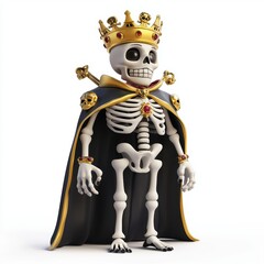 Skeleton king with a golden crown and royal cape isolated on white