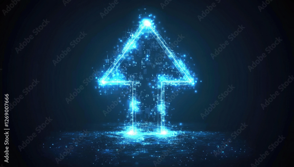 Poster glowing blue digital up arrow rising from data stream abstract technology background