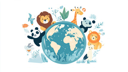 Naklejka premium Cute Cartoon Earth with Iconic Animals in a Flat, Playful Style