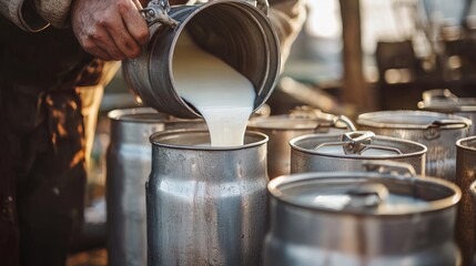 A farmer pouring fresh milk into large metal cans, ready for transport