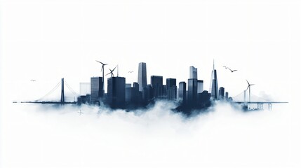 Obraz premium a city skyline with skyscrapers and bridges emerges from fog or clouds, with wind turbines incorporated, in a monochromatic, futuristic design.