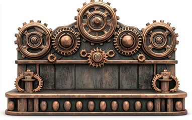 Steampunk-inspired podium with bronze gears and mechanical accents, isolated on white