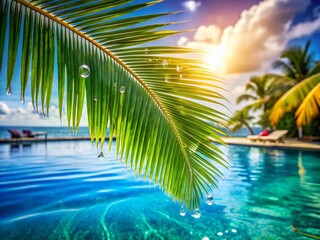 Luxurious Tropical Resort Pool: Palm Trees, Ocean View, Sunny Day Macro Photography