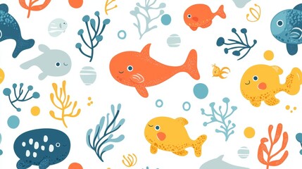 Seamless Marine Life Pattern with Cute Fish and Sea Creatures