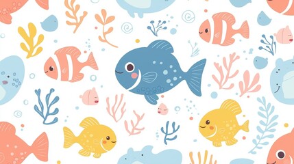 Seamless Marine Life Pattern with Cute Fish and Sea Creatures