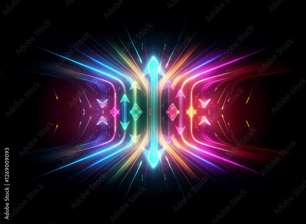 Poster Vibrant neon light streaks radiate from a central symmetrical design on a black backdrop, creating a dynamic and futuristic abstract visual.