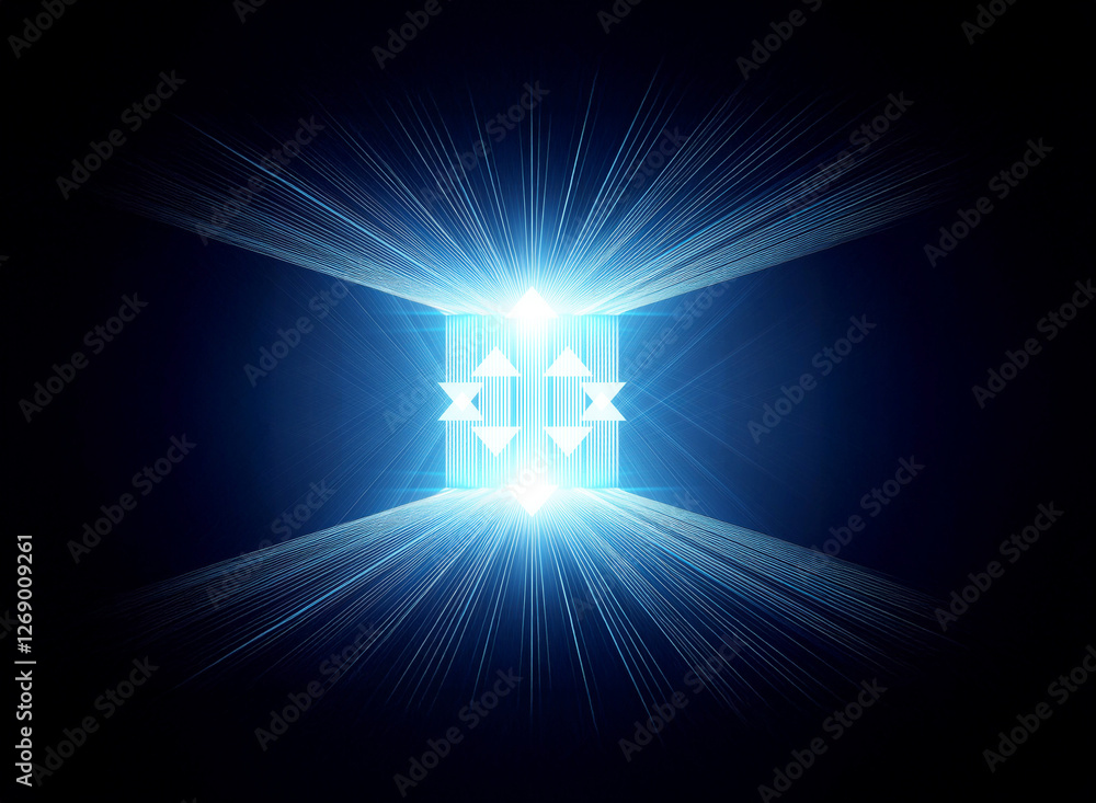 Leinwandbilder luminous blue light radiates from a central geometric shape in darkness. bright beams expand outward