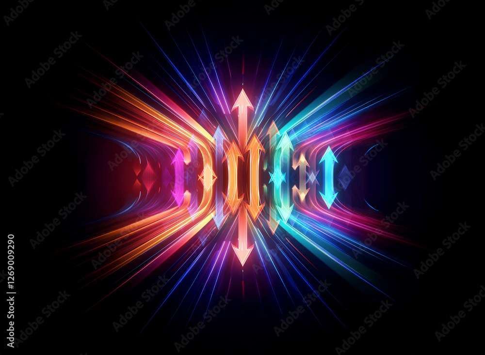 Leinwandbilder vibrant abstract design featuring glowing arrows and colorful light rays on a dark backdrop. dynamic