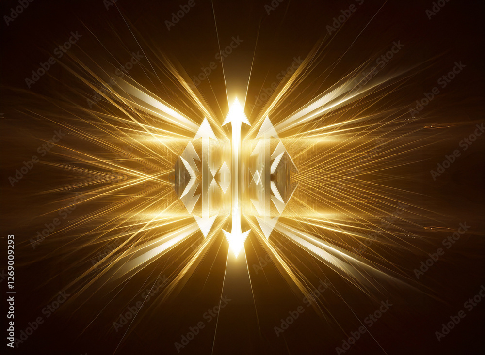 Poster Golden light bursts from a central geometric shape. Rays emanate outwards against a dark background, creating a dynamic and abstract design.