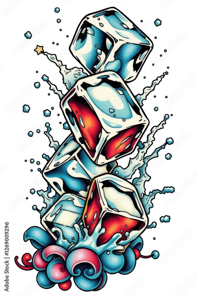 Aufkleber stack of colorful ice cubes with splashes of water around them creating a refreshing visual effect.