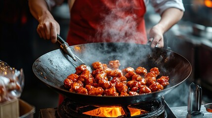 A street food vendor in an Asian night market preparing a fresh batch of General Tso's Chicken in a sizzling wok