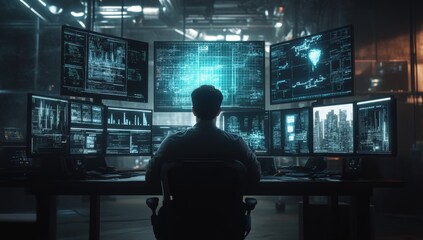Hacker monitoring global network in futuristic server room