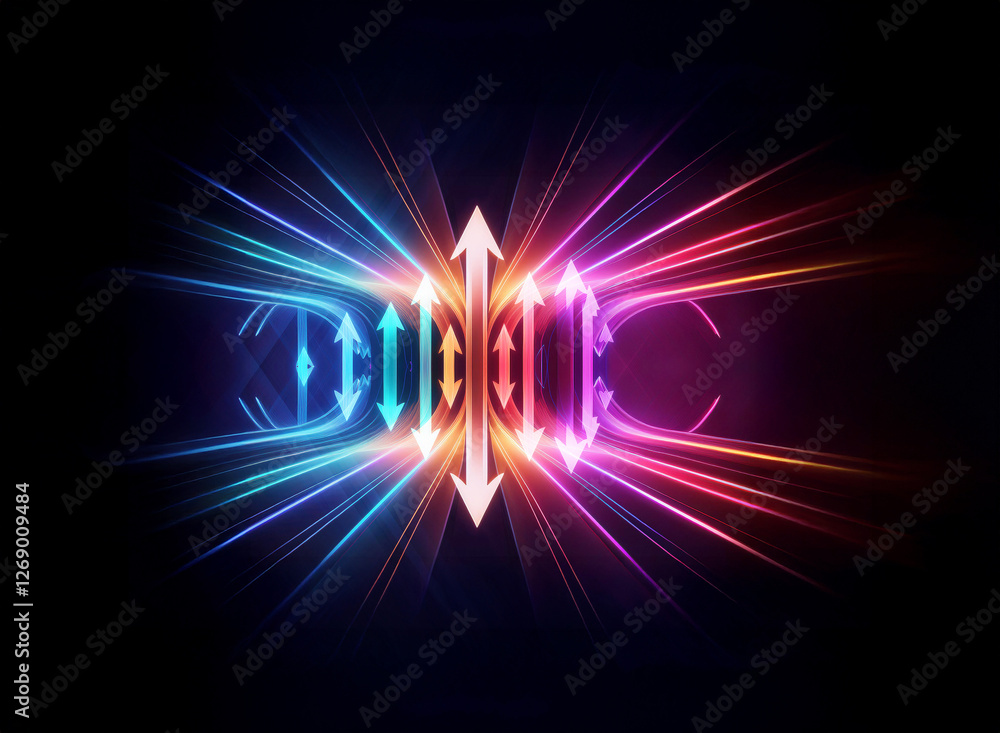 Poster Abstract image displays vibrant light rays emanating from the center, with blue and red hues. Arrows indicate directions, creating a dynamic and energetic visual.