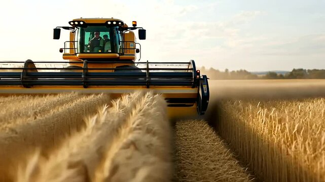 A farmer harvesting crops with a modern combine in a vast field
