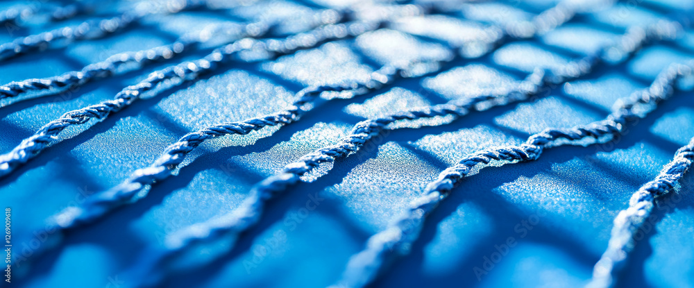 Poster Close-up image of blue rope strands on a textured surface with visible shadows and highlights. This photo represents a detailed, abstract perspective of woven fabric or netting.