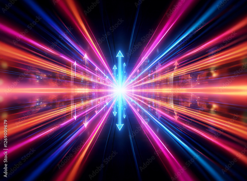 Aufkleber Abstract colorful light rays converge to a bright center point, creating a tunnel effect with vibrant lines and arrows against a dark background.