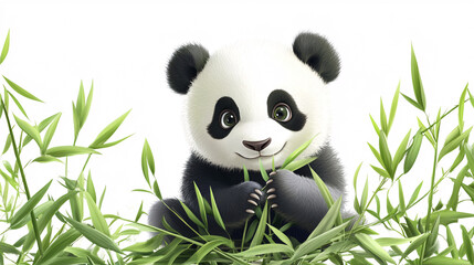 A joyful baby panda tumbling over bamboo shoots, surrounded by bamboo leaves