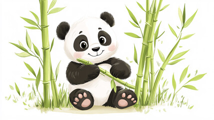 A joyful baby panda tumbling over bamboo shoots, surrounded by bamboo leaves