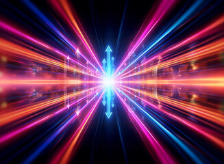 Obraz premium Abstract colorful light rays converge to a bright center point, creating a tunnel effect with vibrant lines and arrows against a dark background.