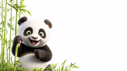 Fototapeta premium A joyful baby panda tumbling over bamboo shoots, surrounded by bamboo leaves